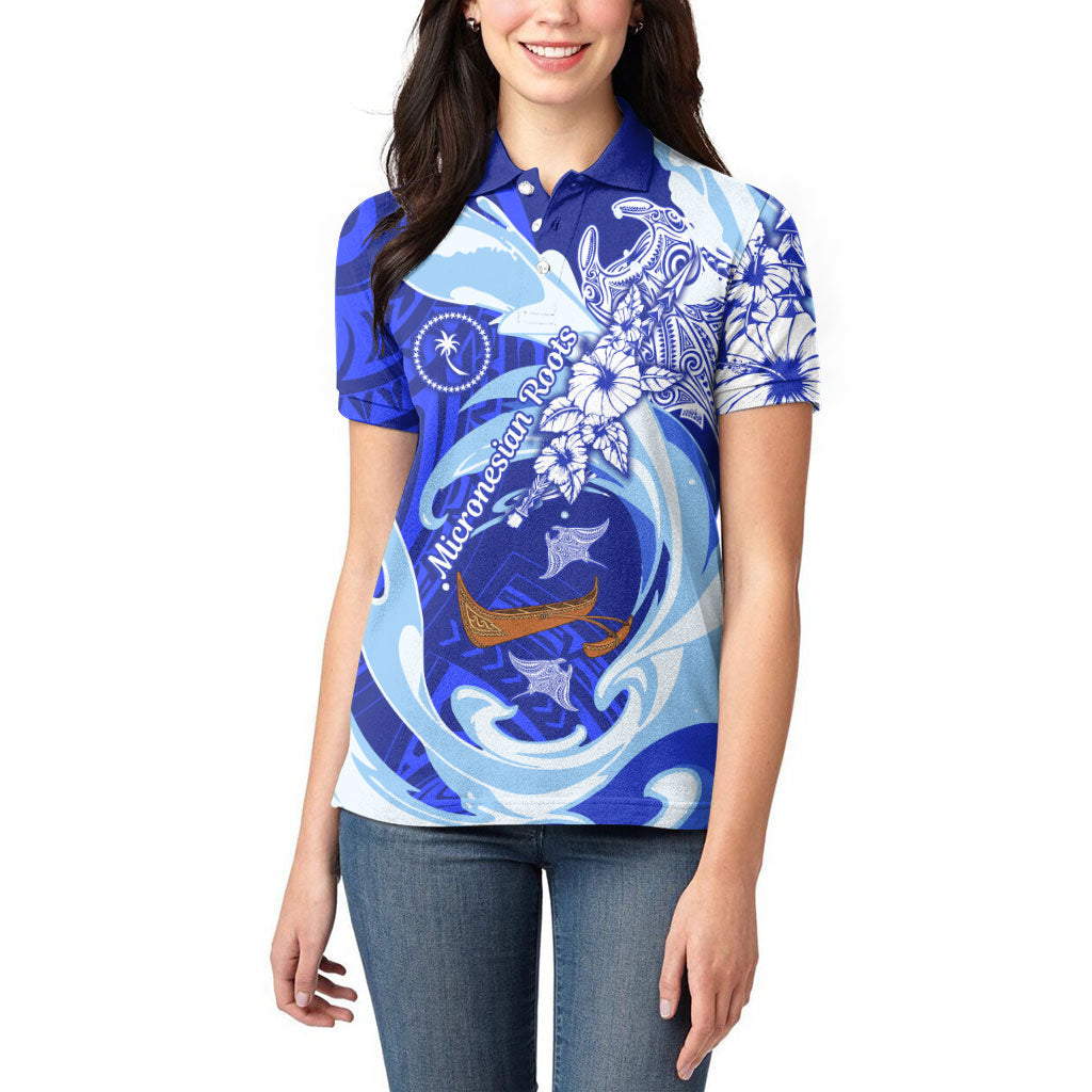 Chuuk Micronesian Roots Women Polo Shirt Polynesian Tribal Pattern Hibiscus Flower And Stingray Art