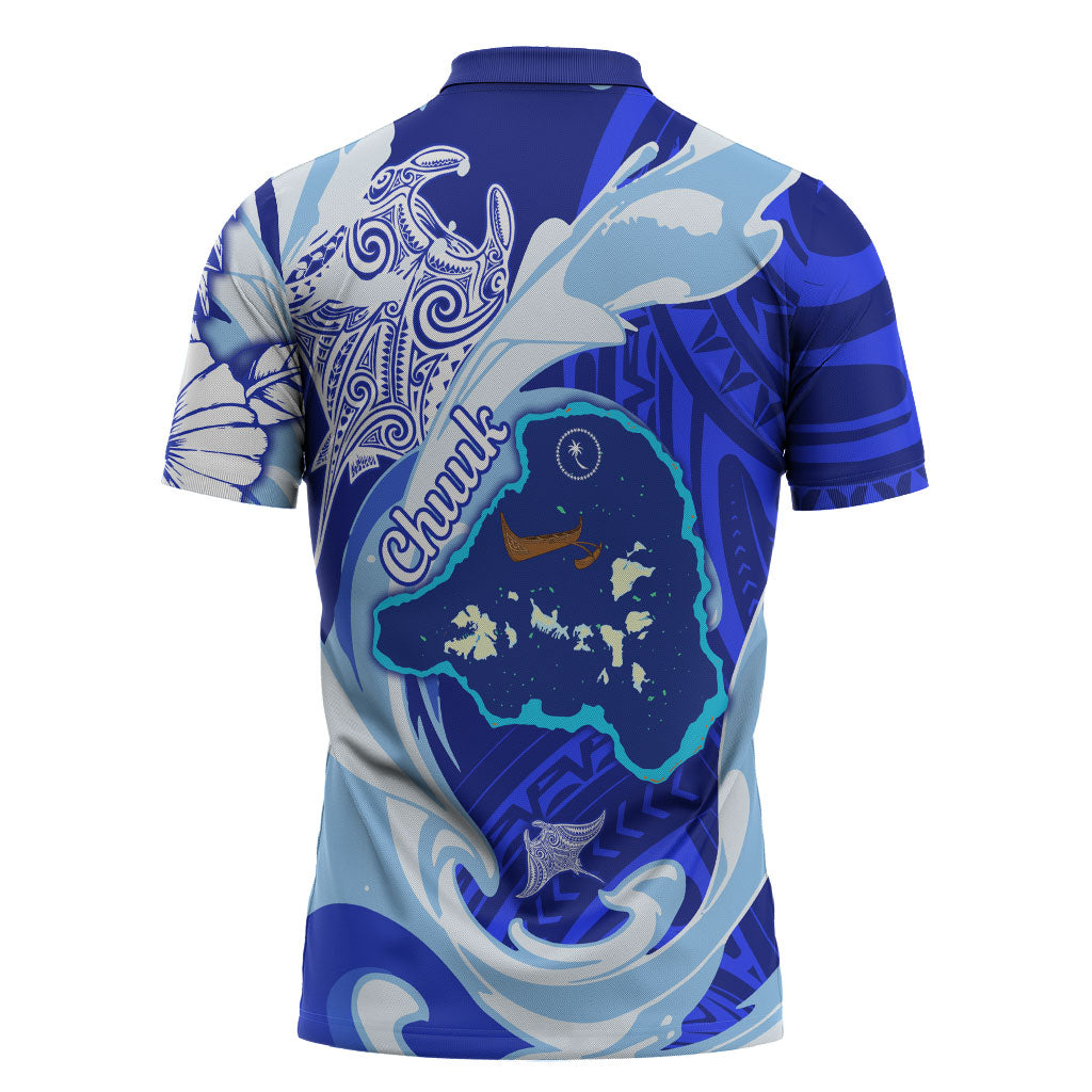 Chuuk Micronesian Roots Zipper Polo Shirt Polynesian Tribal Pattern Hibiscus Flower And Stingray Art