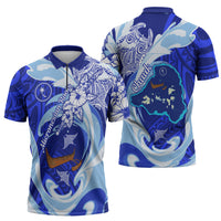 Chuuk Micronesian Roots Zipper Polo Shirt Polynesian Tribal Pattern Hibiscus Flower And Stingray Art