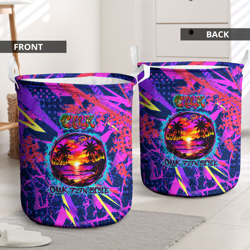 Chuuk Tropical Sunset Coordinates Laundry Basket Neon Graffiti Polynesian Tribal