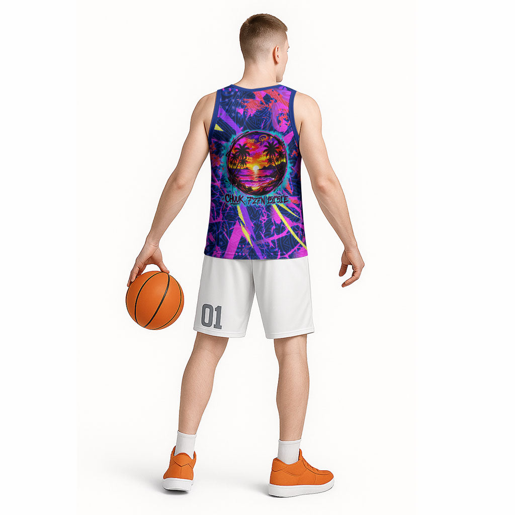 Chuuk Tropical Sunset Coordinates Basketball Jersey Neon Graffiti Polynesian Tribal