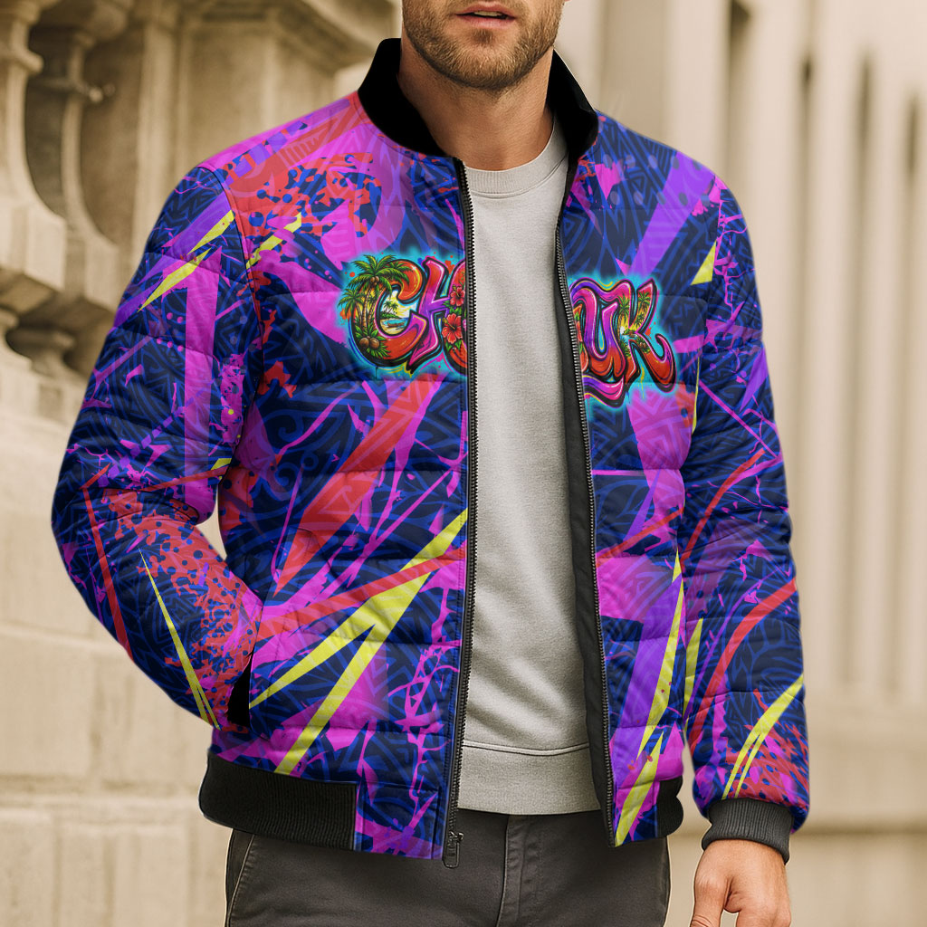 Chuuk Tropical Sunset Coordinates Bomber Puffer Jacket Neon Graffiti Polynesian Tribal
