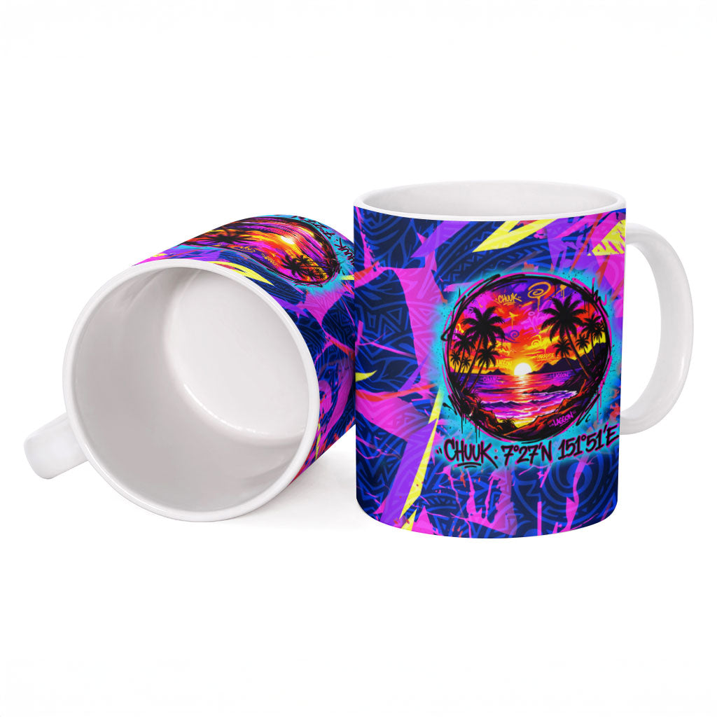 Chuuk Tropical Sunset Coordinates Ceramic Mug Neon Graffiti Polynesian Tribal