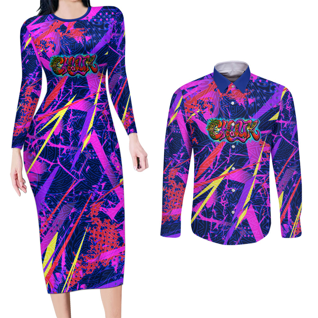 Chuuk Tropical Sunset Coordinates Couples Matching Long Sleeve Bodycon Dress and Long Sleeve Button Shirt Neon Graffiti Polynesian Tribal TS04 Purple Pink - Polynesian Pride
