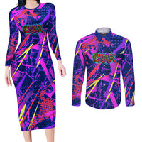 Chuuk Tropical Sunset Coordinates Couples Matching Long Sleeve Bodycon Dress and Long Sleeve Button Shirt Neon Graffiti Polynesian Tribal
