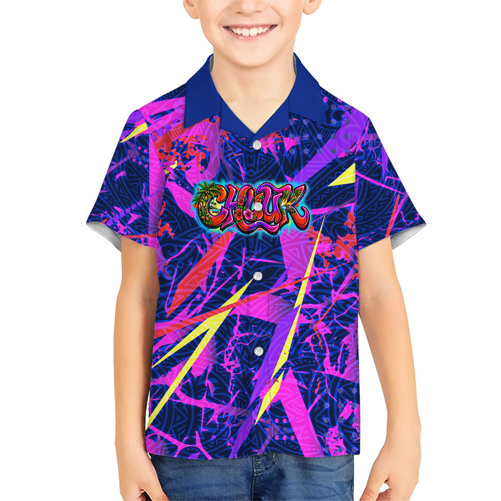 Chuuk Tropical Sunset Coordinates Family Matching Long Sleeve Bodycon Dress and Hawaiian Shirt Neon Graffiti Polynesian Tribal
