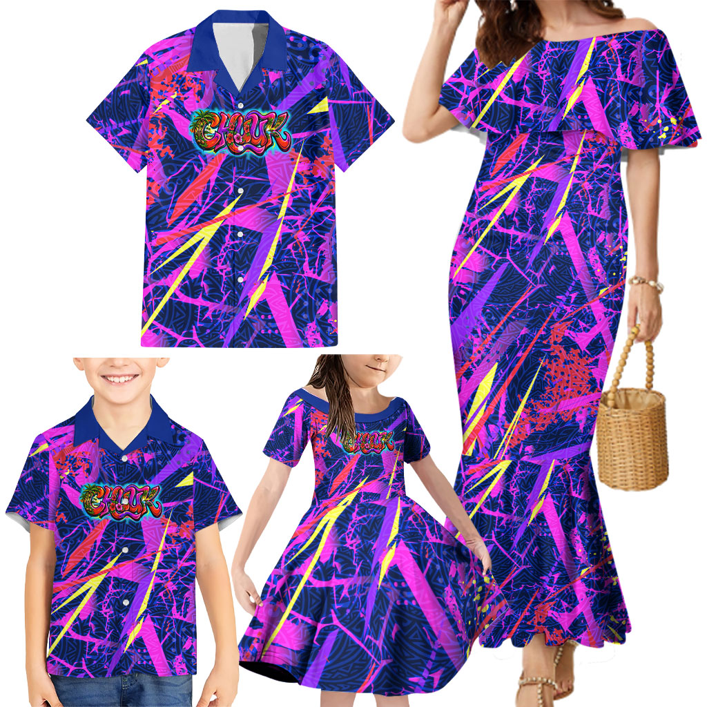 Chuuk Tropical Sunset Coordinates Family Matching Mermaid Dress and Hawaiian Shirt Neon Graffiti Polynesian Tribal