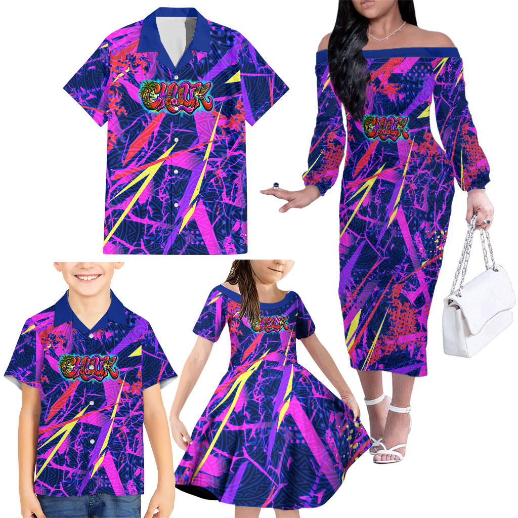 Chuuk Tropical Sunset Coordinates Family Matching Off The Shoulder Long Sleeve Dress and Hawaiian Shirt Neon Graffiti Polynesian Tribal