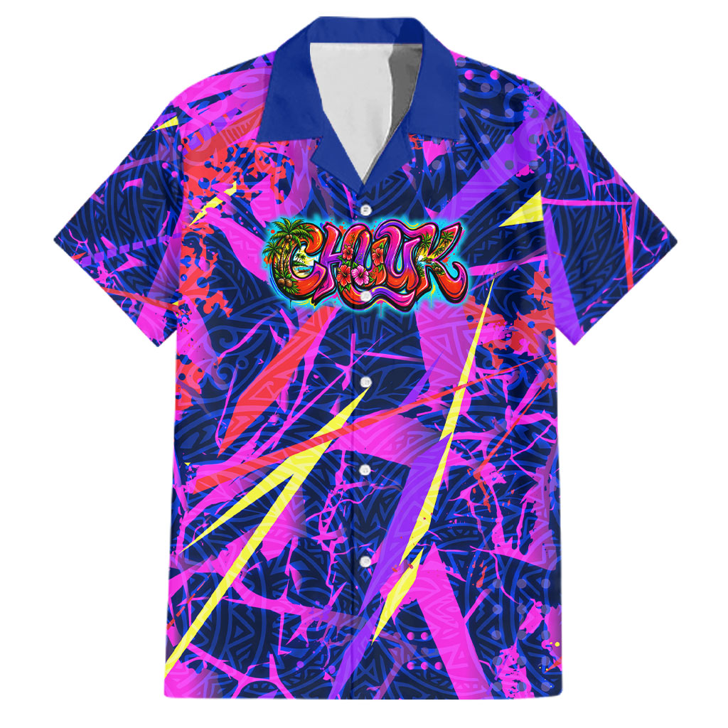 Chuuk Tropical Sunset Coordinates Family Matching Off The Shoulder Long Sleeve Dress and Hawaiian Shirt Neon Graffiti Polynesian Tribal