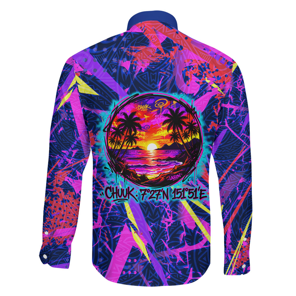 Chuuk Tropical Sunset Coordinates Family Matching Off The Shoulder Long Sleeve Dress and Hawaiian Shirt Neon Graffiti Polynesian Tribal