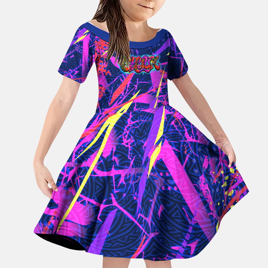 Chuuk Tropical Sunset Coordinates Family Matching Off Shoulder Maxi Dress and Hawaiian Shirt Neon Graffiti Polynesian Tribal