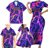 Chuuk Tropical Sunset Coordinates Family Matching Short Sleeve Bodycon Dress and Hawaiian Shirt Neon Graffiti Polynesian Tribal