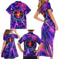 Chuuk Tropical Sunset Coordinates Family Matching Short Sleeve Bodycon Dress and Hawaiian Shirt Neon Graffiti Polynesian Tribal