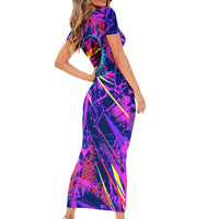 Chuuk Tropical Sunset Coordinates Family Matching Short Sleeve Bodycon Dress and Hawaiian Shirt Neon Graffiti Polynesian Tribal