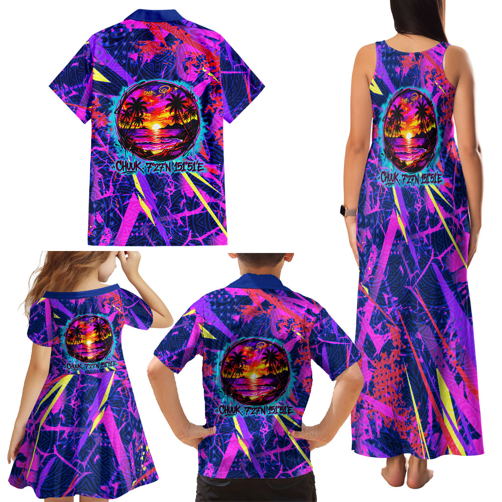 Chuuk Tropical Sunset Coordinates Family Matching Tank Maxi Dress and Hawaiian Shirt Neon Graffiti Polynesian Tribal