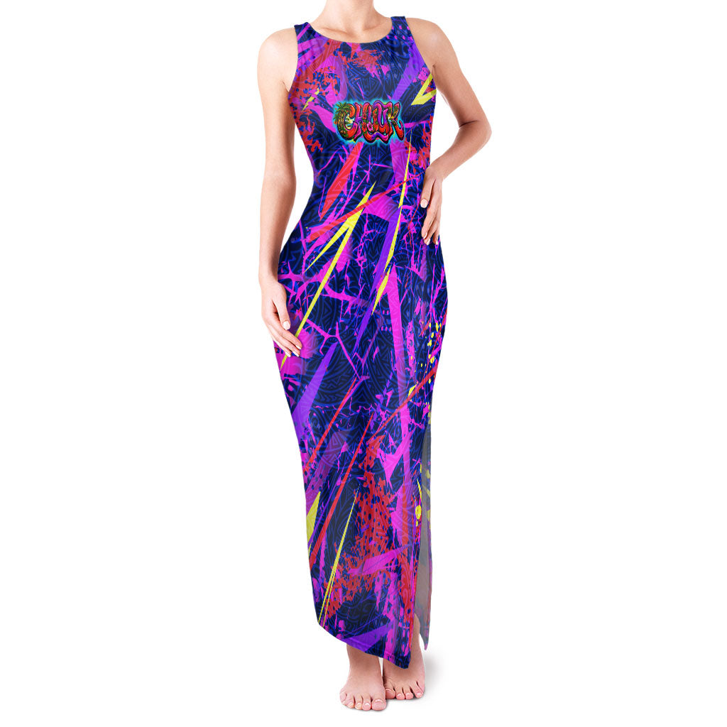 Chuuk Tropical Sunset Coordinates Family Matching Tank Maxi Dress and Hawaiian Shirt Neon Graffiti Polynesian Tribal