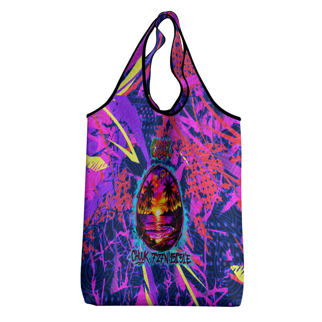 Chuuk Tropical Sunset Coordinates Grocery Bag Neon Graffiti Polynesian Tribal