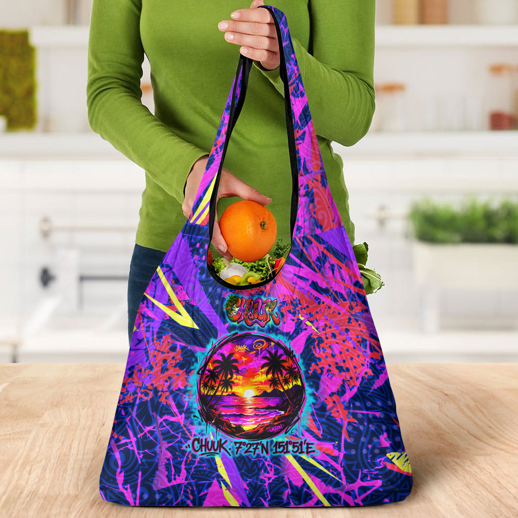 Chuuk Tropical Sunset Coordinates Grocery Bag Neon Graffiti Polynesian Tribal