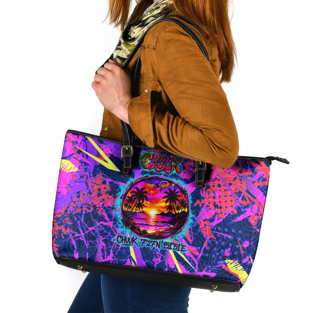 Chuuk Tropical Sunset Coordinates Leather Tote Bag Neon Graffiti Polynesian Tribal