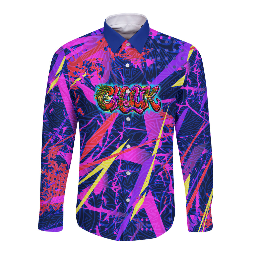Chuuk Tropical Sunset Coordinates Long Sleeve Button Shirt Neon Graffiti Polynesian Tribal