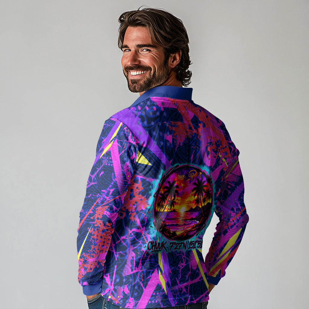 Chuuk Tropical Sunset Coordinates Long Sleeve Polo Shirt Neon Graffiti Polynesian Tribal