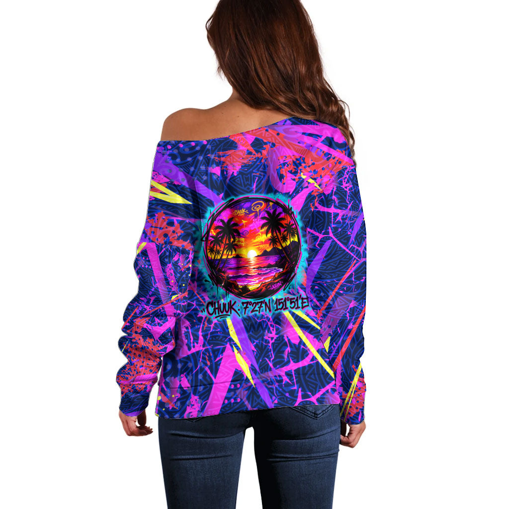 Chuuk Tropical Sunset Coordinates Off Shoulder Sweater Neon Graffiti Polynesian Tribal