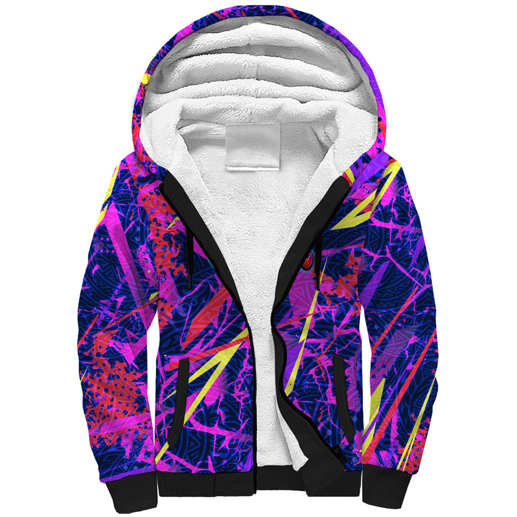 Chuuk Tropical Sunset Coordinates Sherpa Hoodie Neon Graffiti Polynesian Tribal