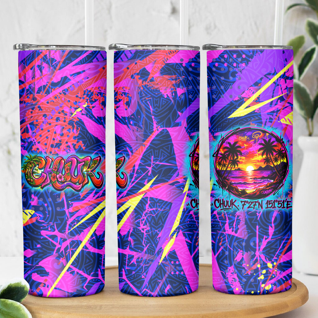 Chuuk Tropical Sunset Coordinates Skinny Tumbler Neon Graffiti Polynesian Tribal