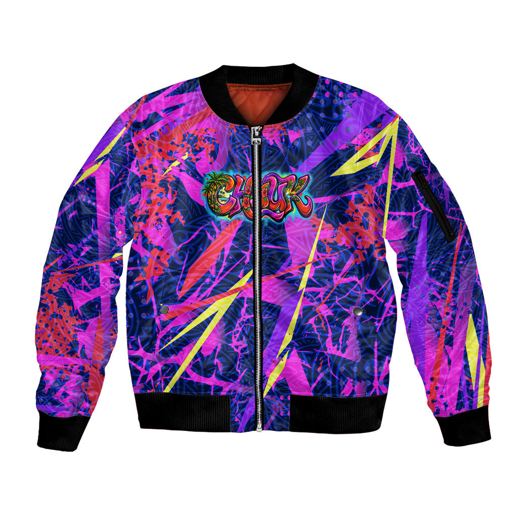 Chuuk Tropical Sunset Coordinates Sleeve Zip Bomber Jacket Neon Graffiti Polynesian Tribal TS04 Unisex Purple Pink - Polynesian Pride