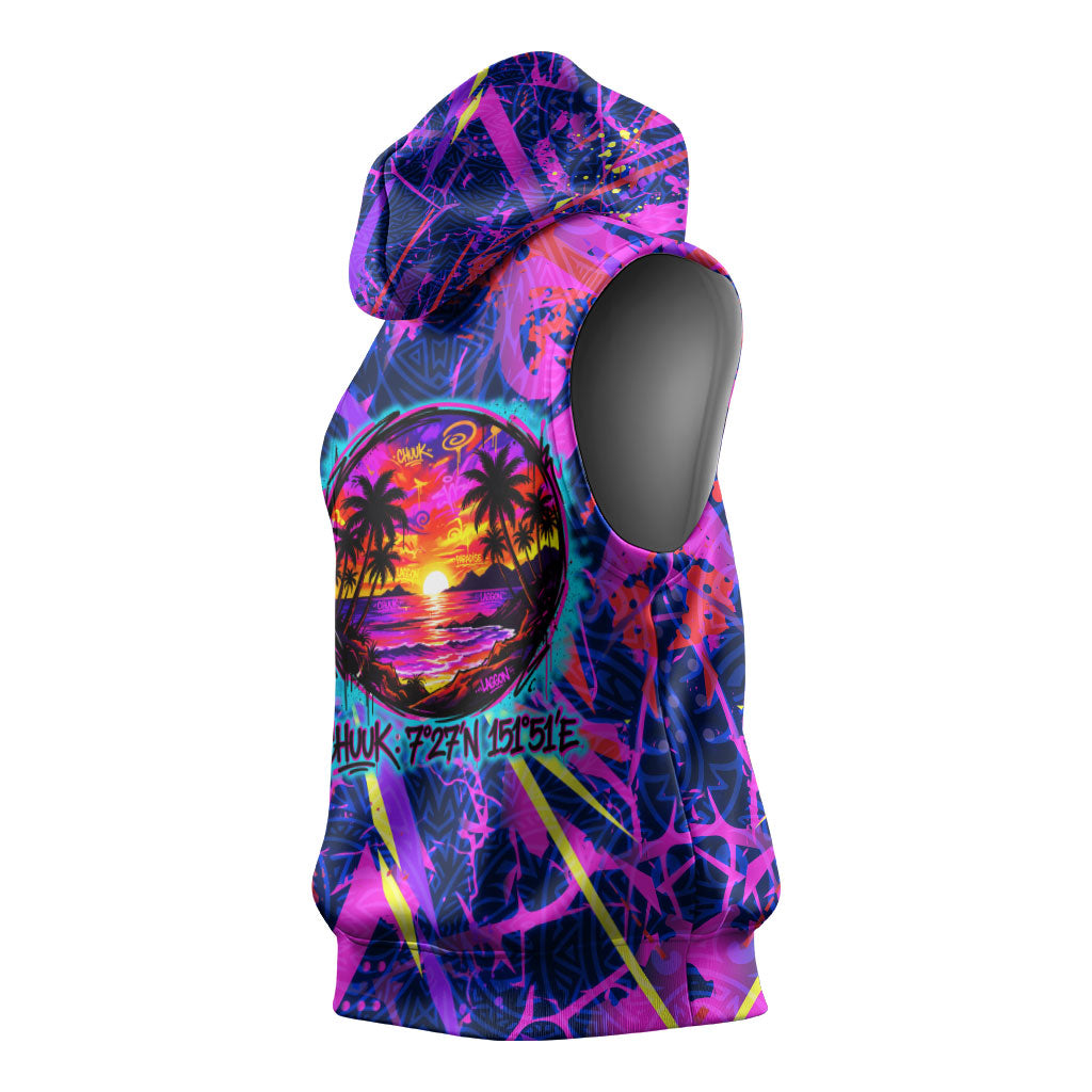 Chuuk Tropical Sunset Coordinates Sleeveless Hoodie Neon Graffiti Polynesian Tribal