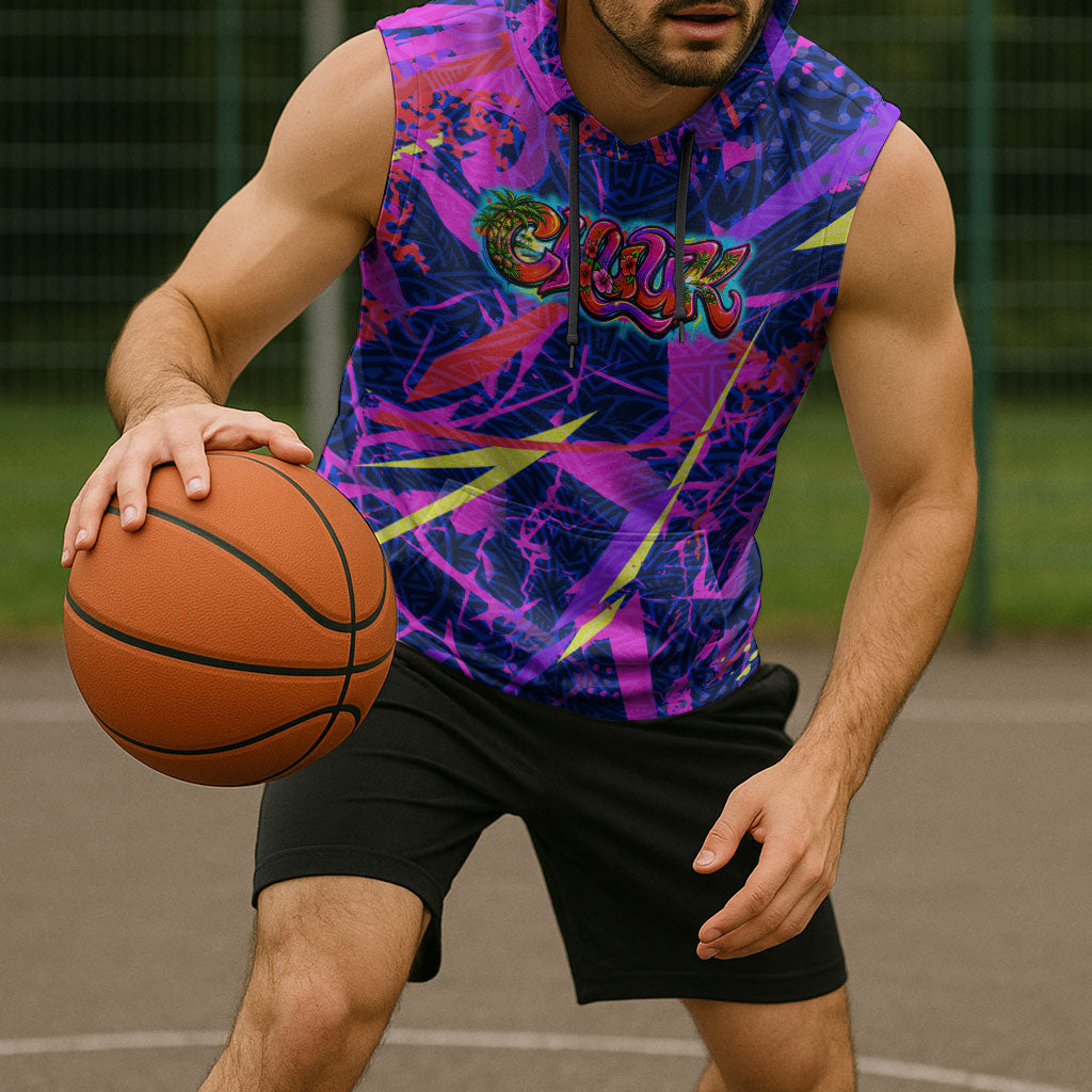 Chuuk Tropical Sunset Coordinates Sleeveless Hoodie Neon Graffiti Polynesian Tribal