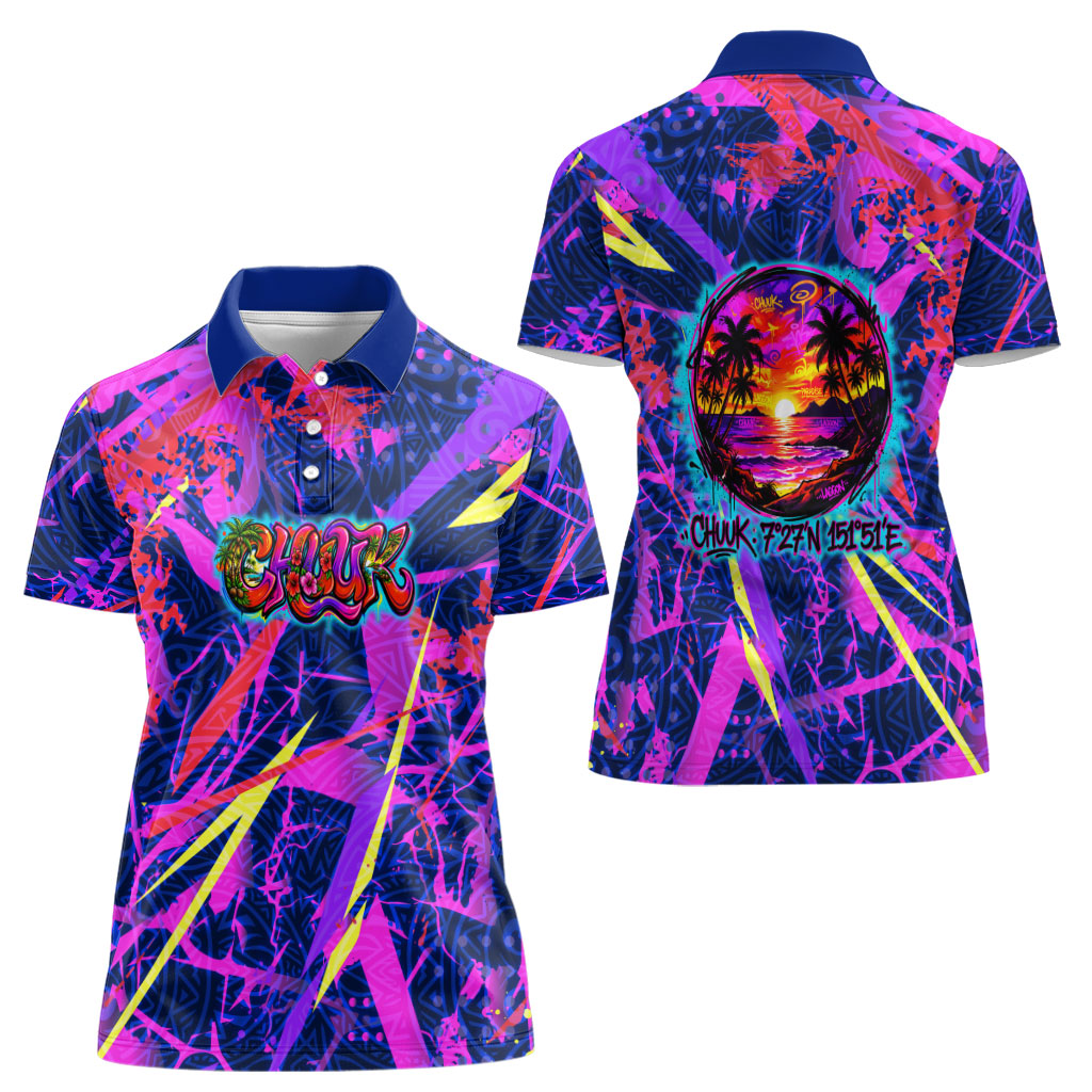 Chuuk Tropical Sunset Coordinates Women Polo Shirt Neon Graffiti Polynesian Tribal
