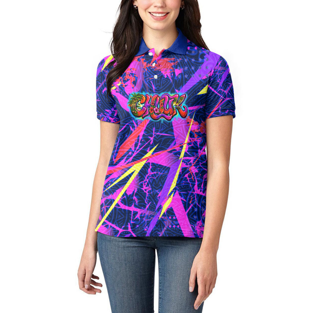 Chuuk Tropical Sunset Coordinates Women Polo Shirt Neon Graffiti Polynesian Tribal