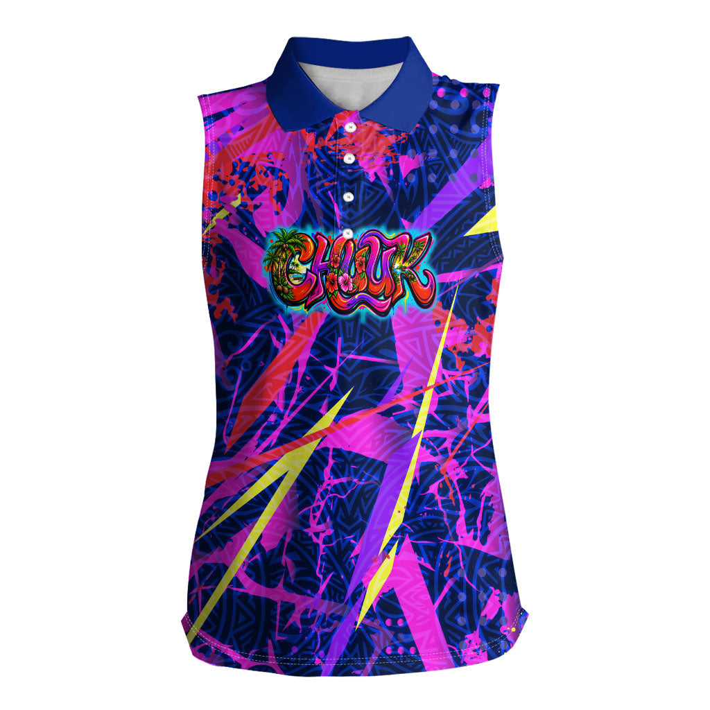 Chuuk Tropical Sunset Coordinates Women Sleeveless Polo Shirt Neon Graffiti Polynesian Tribal