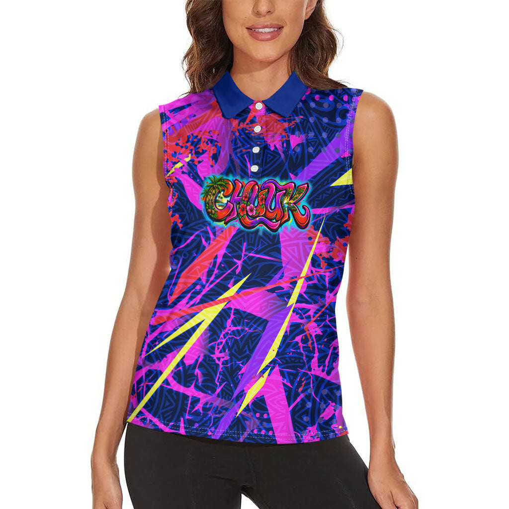 Chuuk Tropical Sunset Coordinates Women Sleeveless Polo Shirt Neon Graffiti Polynesian Tribal