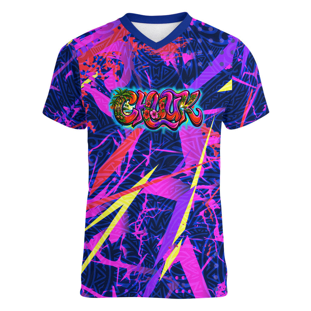 Chuuk Tropical Sunset Coordinates Women V-Neck T-Shirt Neon Graffiti Polynesian Tribal