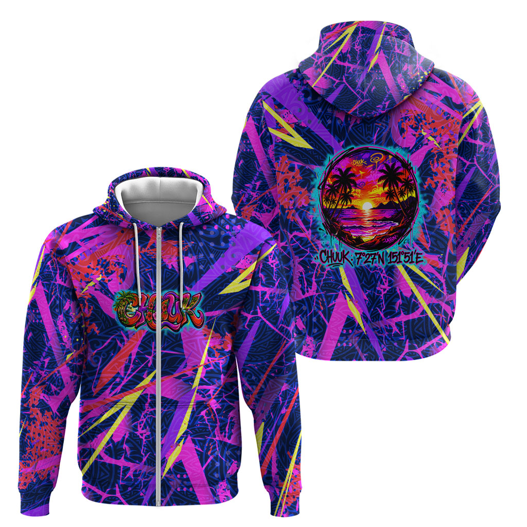 Chuuk Tropical Sunset Coordinates Zip Hoodie Neon Graffiti Polynesian Tribal