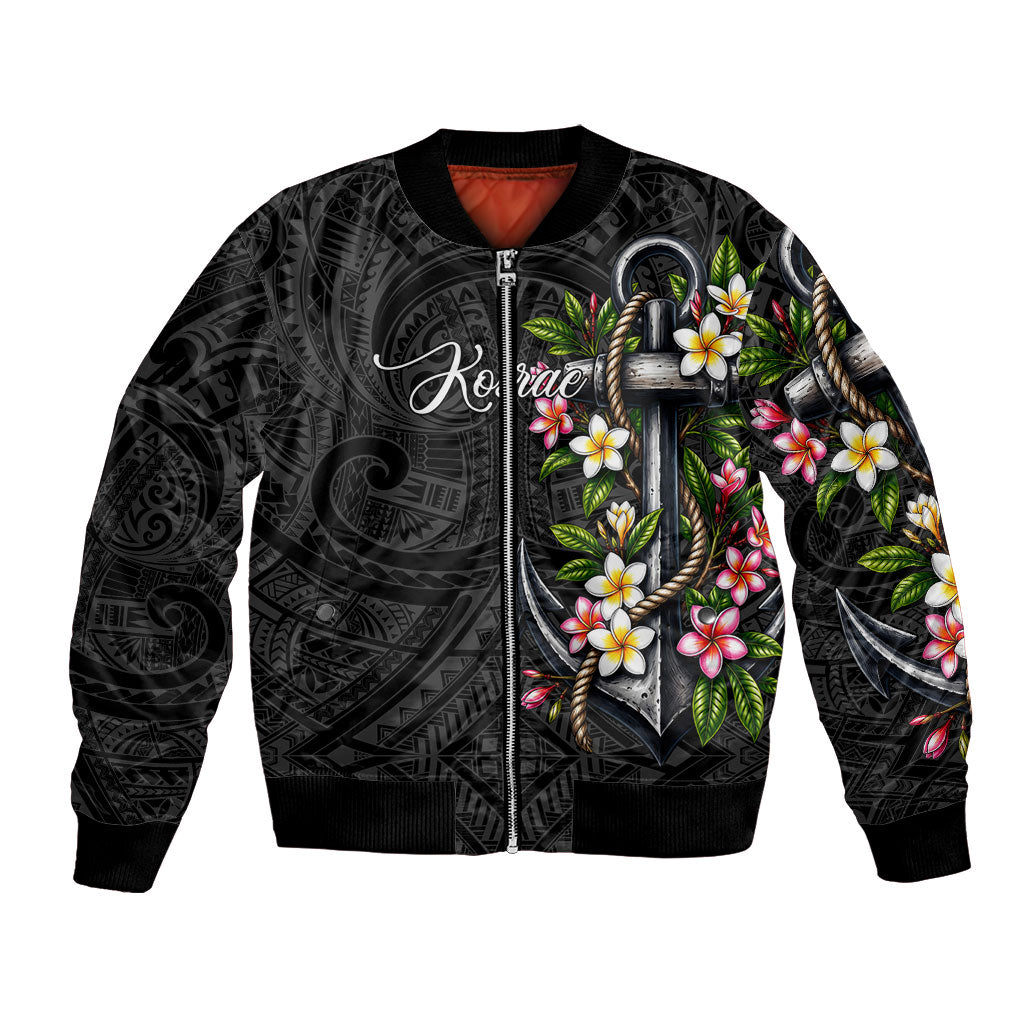 Kosrae Nautical Heritage Bomber Jacket Polynesian Tribal Anchor With Plumeria Tropical Art TS04 Unisex Black Grey - Polynesian Pride