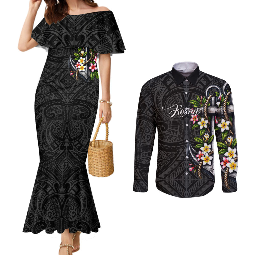 Kosrae Nautical Heritage Couples Matching Mermaid Dress and Long Sleeve Button Shirt Polynesian Tribal Anchor With Plumeria Tropical Art