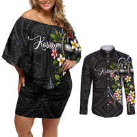 Kosrae Nautical Heritage Couples Matching Off Shoulder Short Dress and Long Sleeve Button Shirt Polynesian Tribal Anchor With Plumeria Tropical Art