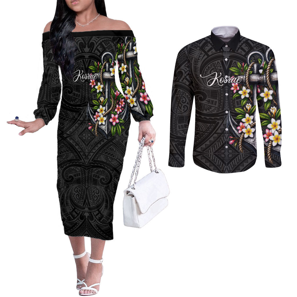 Kosrae Nautical Heritage Couples Matching Off The Shoulder Long Sleeve Dress and Long Sleeve Button Shirt Polynesian Tribal Anchor With Plumeria Tropical Art