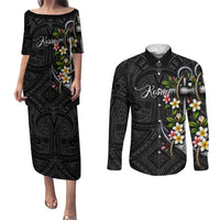 Kosrae Nautical Heritage Couples Matching Puletasi and Long Sleeve Button Shirt Polynesian Tribal Anchor With Plumeria Tropical Art