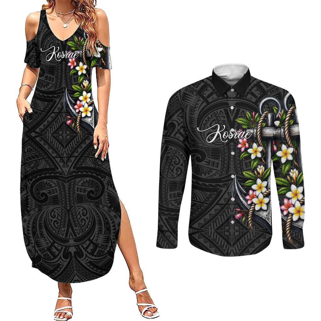 Kosrae Nautical Heritage Couples Matching Summer Maxi Dress and Long Sleeve Button Shirt Polynesian Tribal Anchor With Plumeria Tropical Art TS04 Black Grey - Polynesian Pride