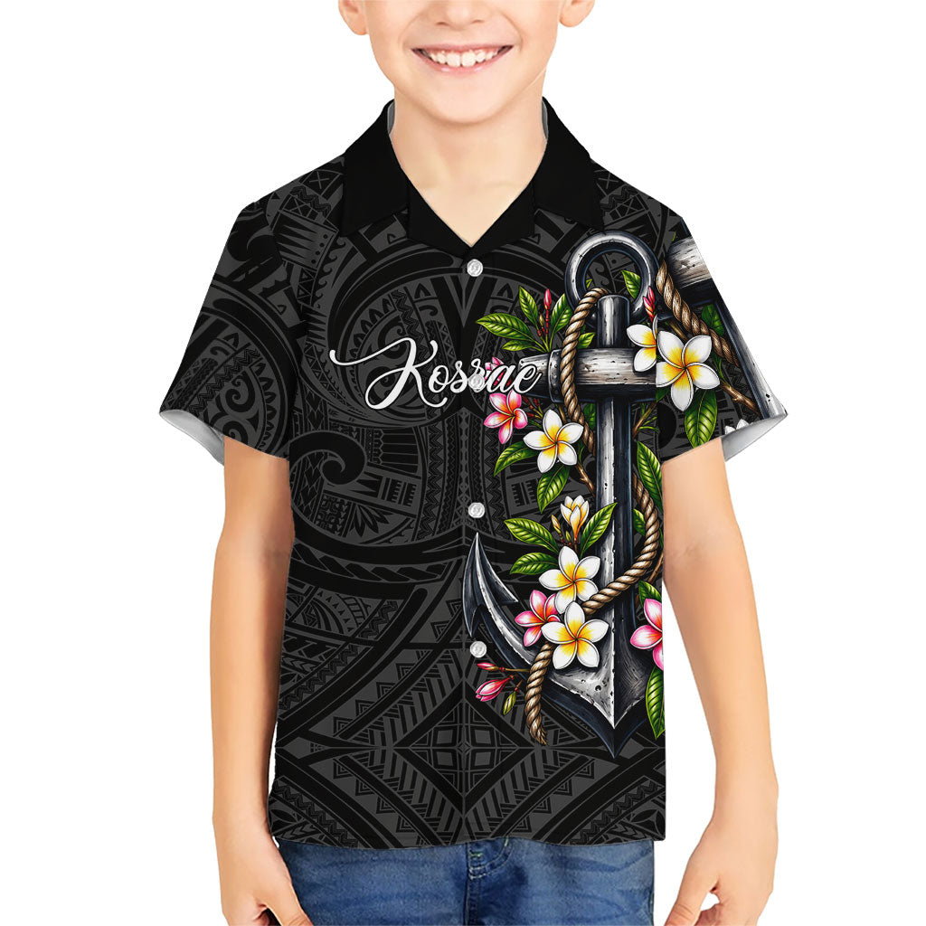 Kosrae Nautical Heritage Family Matching Off Shoulder Maxi Dress and Hawaiian Shirt Polynesian Tribal Anchor With Plumeria Tropical Art