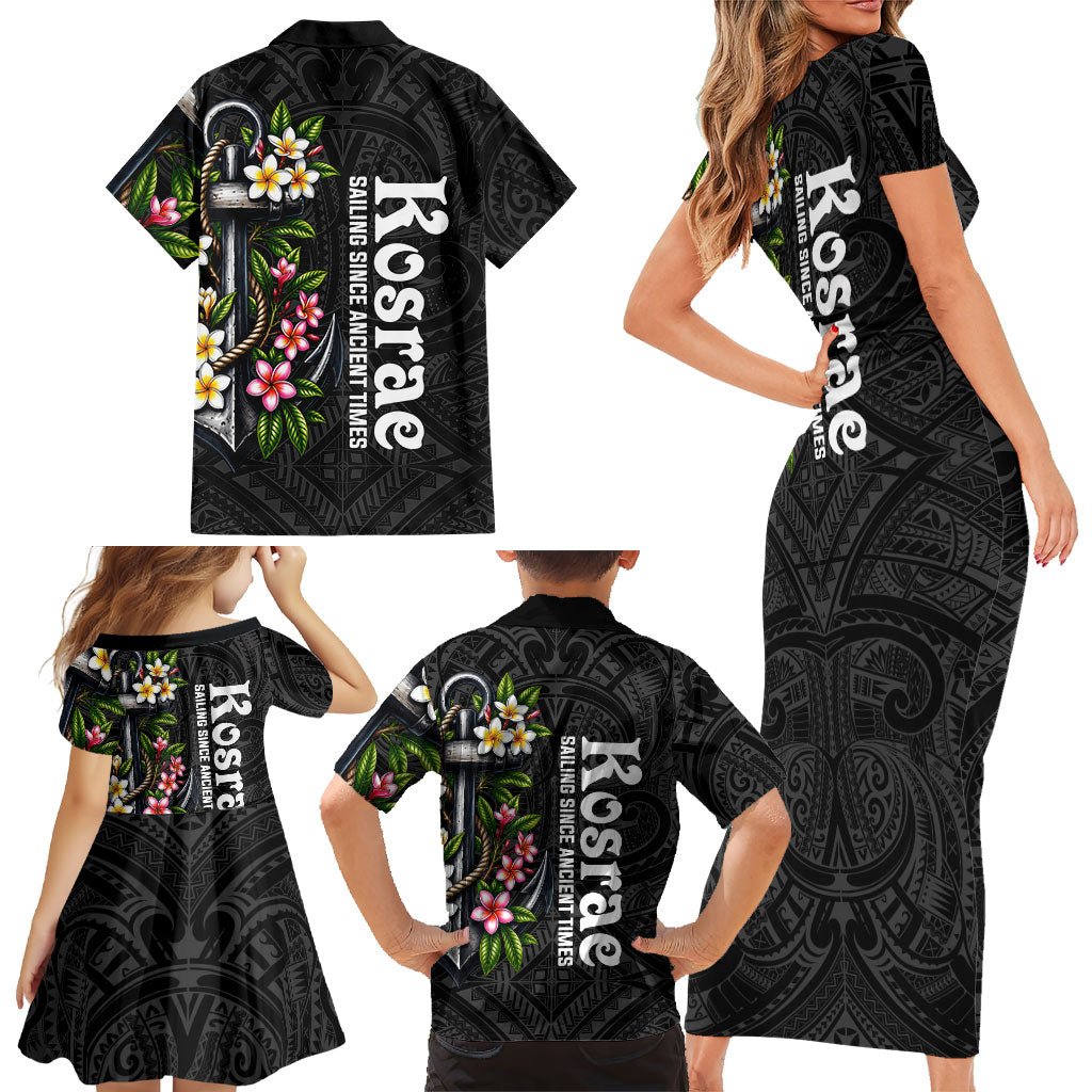 Kosrae Nautical Heritage Family Matching Short Sleeve Bodycon Dress and Hawaiian Shirt Polynesian Tribal Anchor With Plumeria Tropical Art