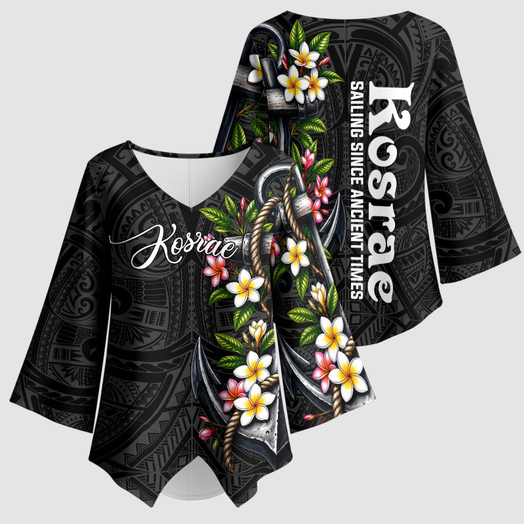Kosrae Nautical Heritage Kimono Sleeve Blouse Polynesian Tribal Anchor With Plumeria Tropical Art