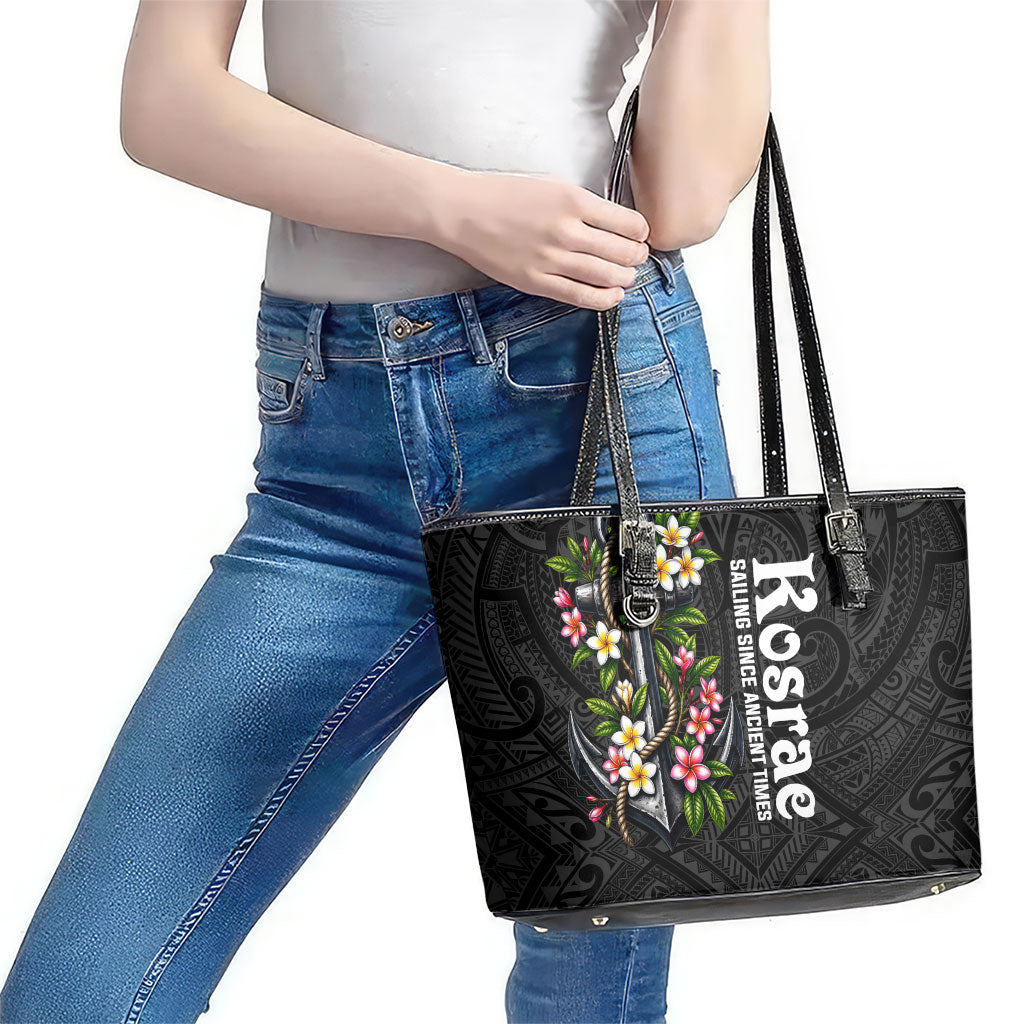 Kosrae Nautical Heritage Leather Tote Bag Polynesian Tribal Anchor With Plumeria Tropical Art