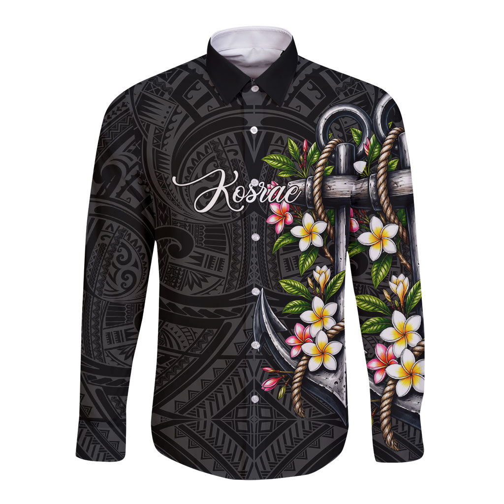 Kosrae Nautical Heritage Long Sleeve Button Shirt Polynesian Tribal Anchor With Plumeria Tropical Art