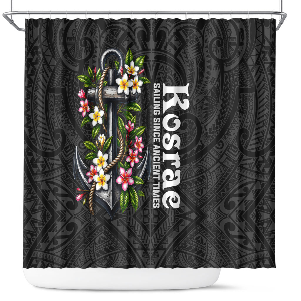 Kosrae Nautical Heritage Shower Curtain Polynesian Tribal Anchor With Plumeria Tropical Art TS04 Black Grey - Polynesian Pride