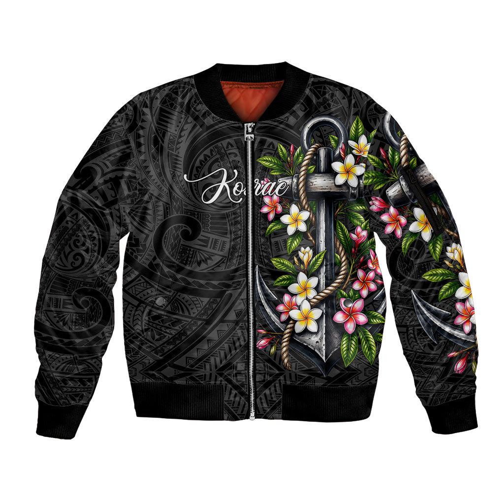 Kosrae Nautical Heritage Sleeve Zip Bomber Jacket Polynesian Tribal Anchor With Plumeria Tropical Art